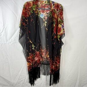Black Floral Sheer Kimono with Fringe | OS